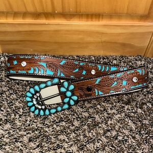 Brown and Turquoise Western Belt with Decorative Buckle